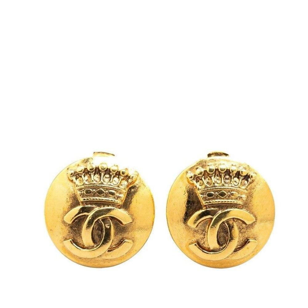 Chanel CC Logo Crown Motif Round Plated Earrings Gold